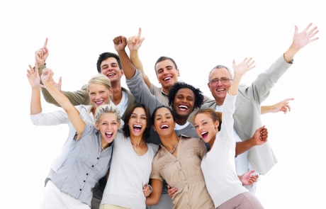 Happy business people laughing against white background